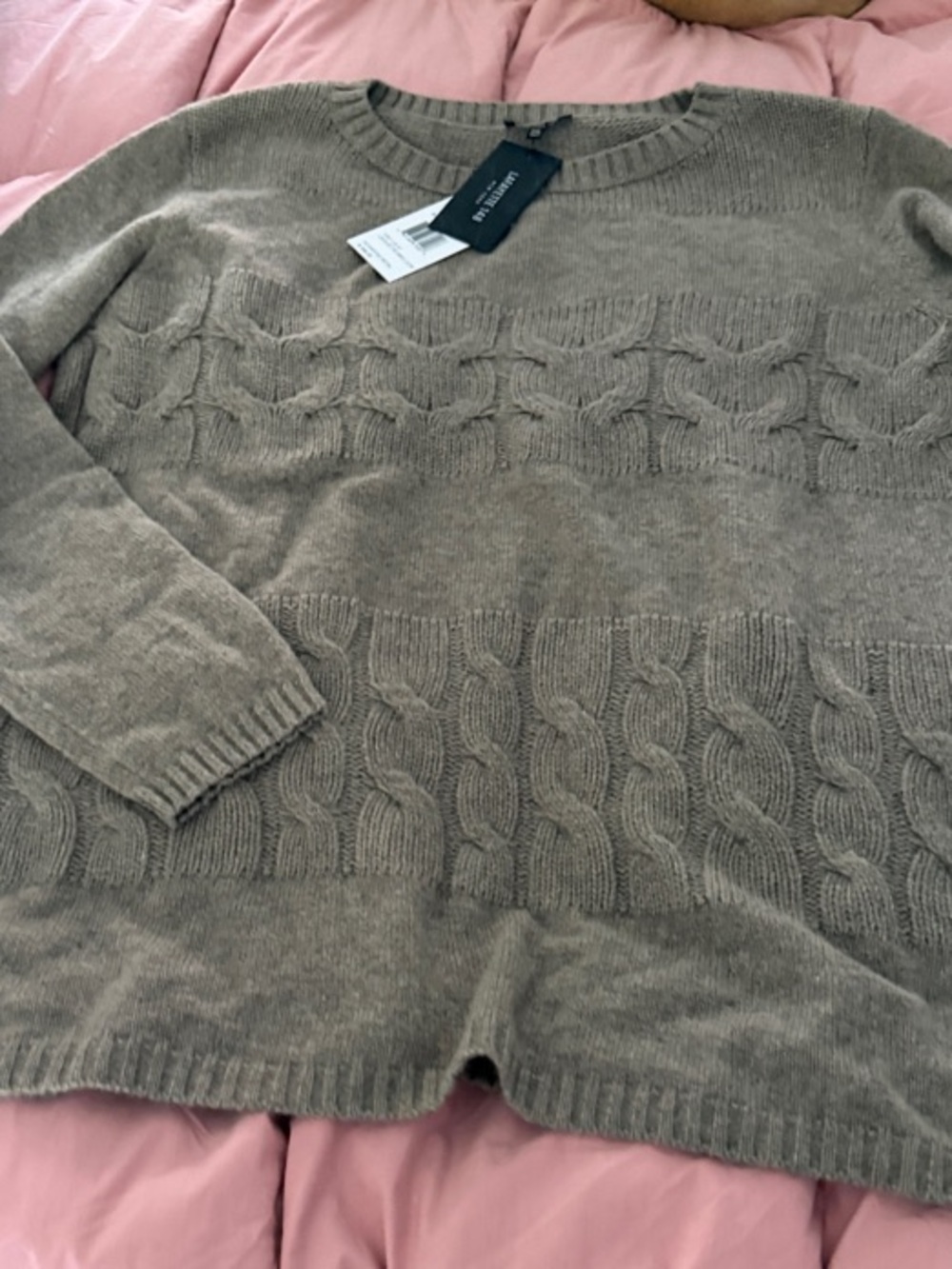 Lafayette 148 New York Taupe Cable-Knit Crewneck Sweater